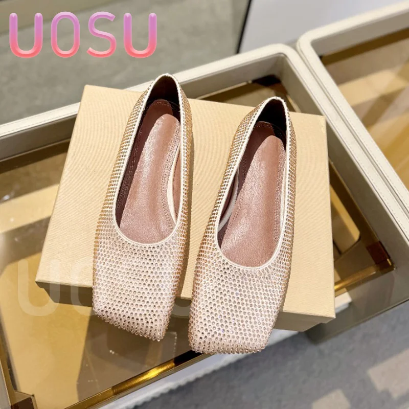 Spring and Autumn Women's Shoes Designer Luxury Full Crystal Shallow Banquet Ladies Shoes Square Toe Ballet Shoes Dresses