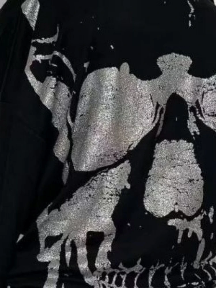 Y2k Fake Two Pieces Vintage Tops Streetwear Slash Neck Skull Print Off Shoulder Gothic Punk Tshirts Women Grunge Harajuku Tees 5