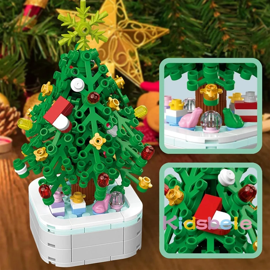 Educational Building Block Christmas Tree Potted Simulation Flower Pot Toy Christmas Tree Building Blocks Set for Kids Adults
