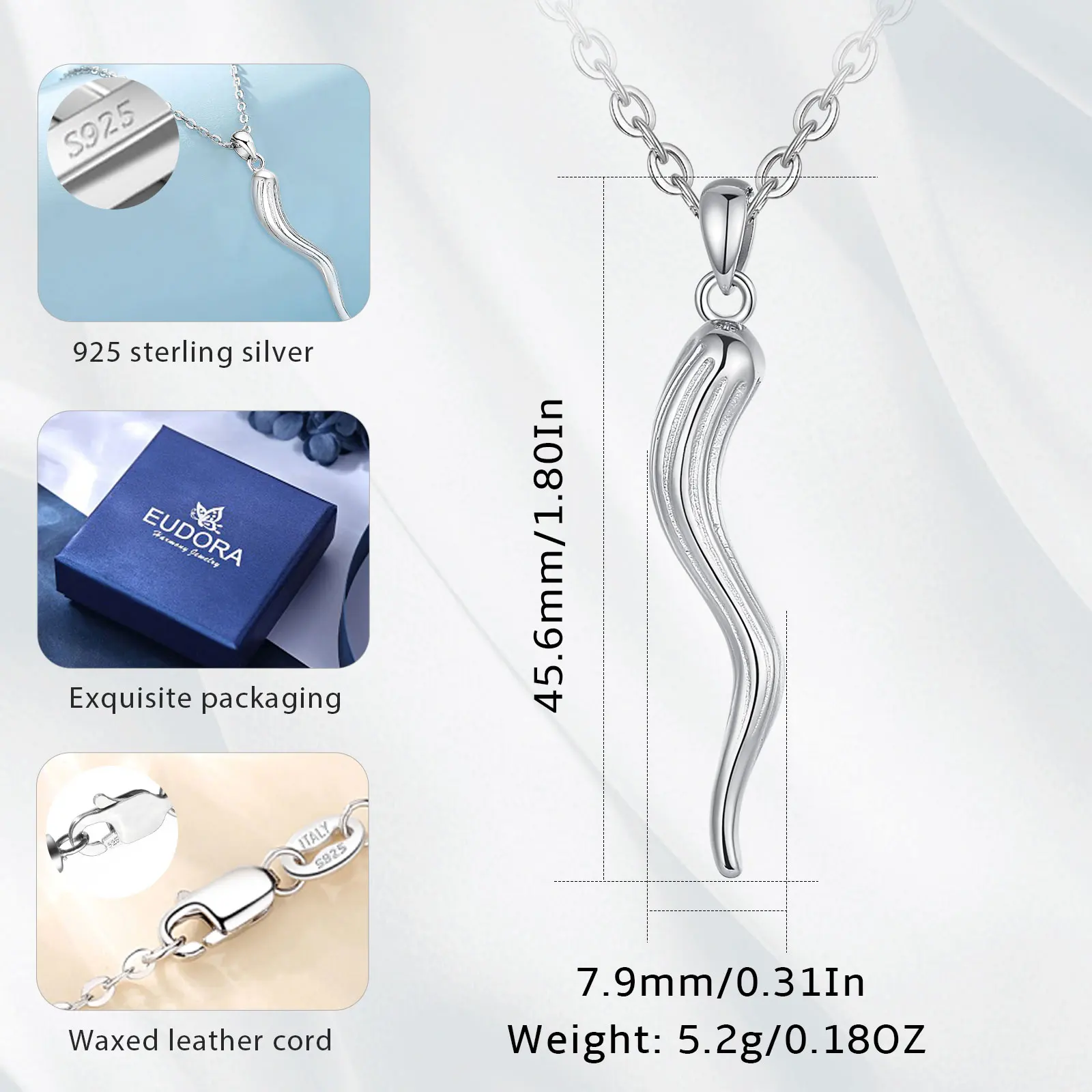 Eudora 925 Sterling Silver Italian Horn Pendant for Women Men Good Luck Friendship Dreams Amulet Necklace Personality Jewelry