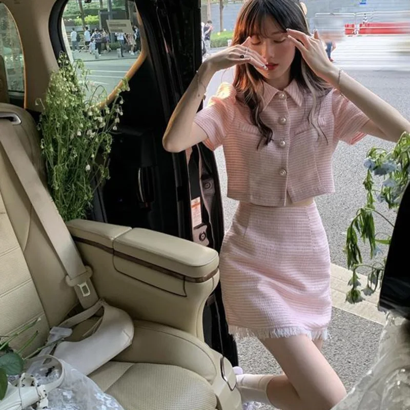

Women Cropped Short Sleeve Cardigan Tops High Waist Mini Bodycon Hip Skirt Chic Elegant Fashion Clothes Summer New 2023