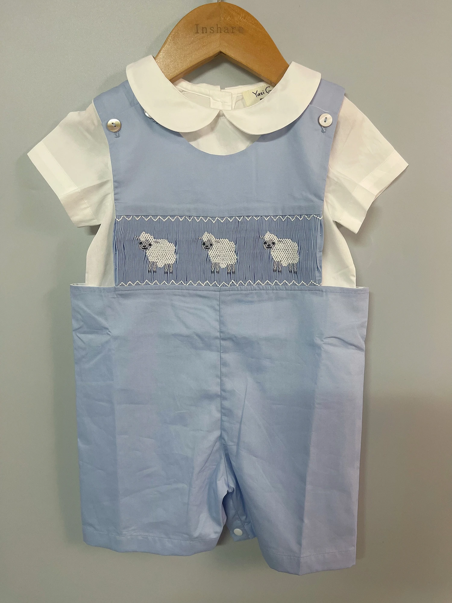 Children Boutique Clothing Summer Girls Flying Sleeves Handmade Smoked Bubble Blue Romper Sheep Embroidered Cute Siblings Outfit 2