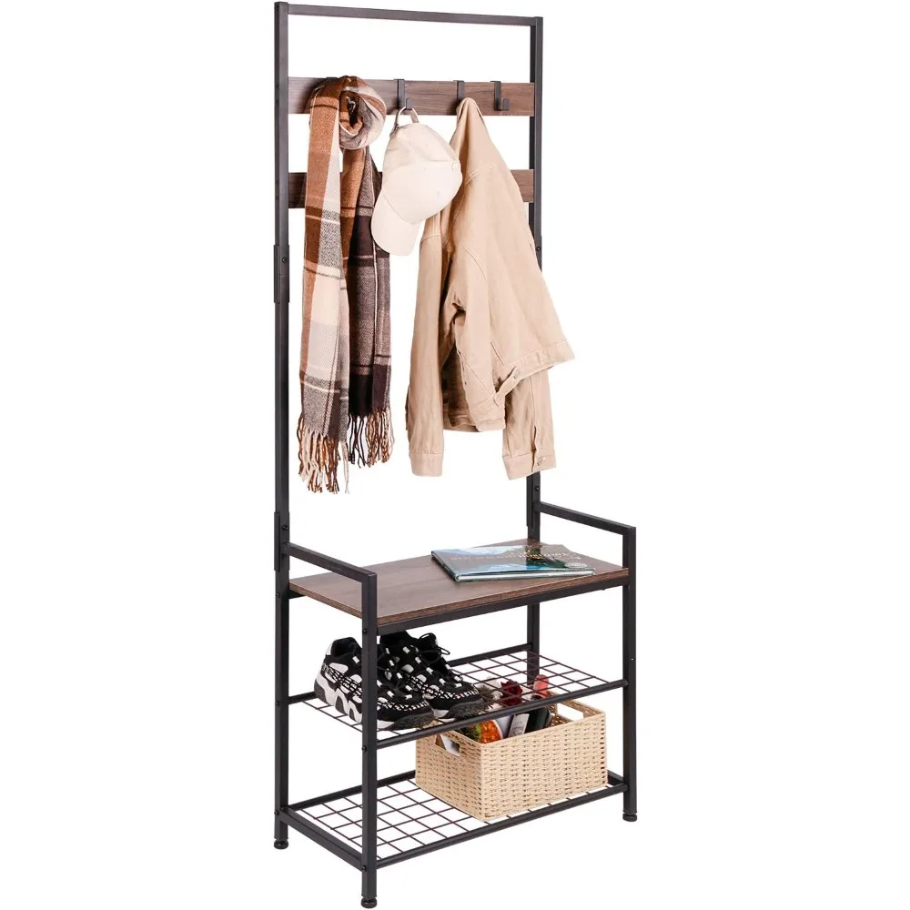 

HOMEKOKO Coat Rack Shoe Bench, Hall Tree Entryway Storage Bench, Wood Look Accent Furniture with Metal Frame, 3-in-1 Design