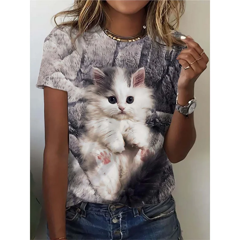 Funny Cat Pattern T-Shirt For Women Cute Pet Animal 3D Printed T Shirts Summer Fashion Tees Short Sleeves O-Neck Tops Streetwear 5