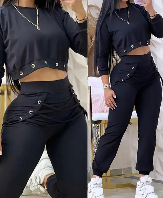 New 2023 Autumn Winter New Fashion Casual O Neck Long Sleeves Eyelet Lace Up Daily Medium Stretch Sweatpants and Sweatshirt Sets