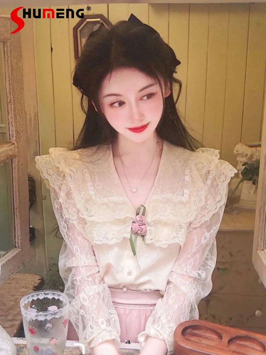 

New Ladies French Style Sweet Chic Slim Waist Shirt Top Women's 2023 Spring Fashion Palace Style Ruffled Floral Lace Blouses