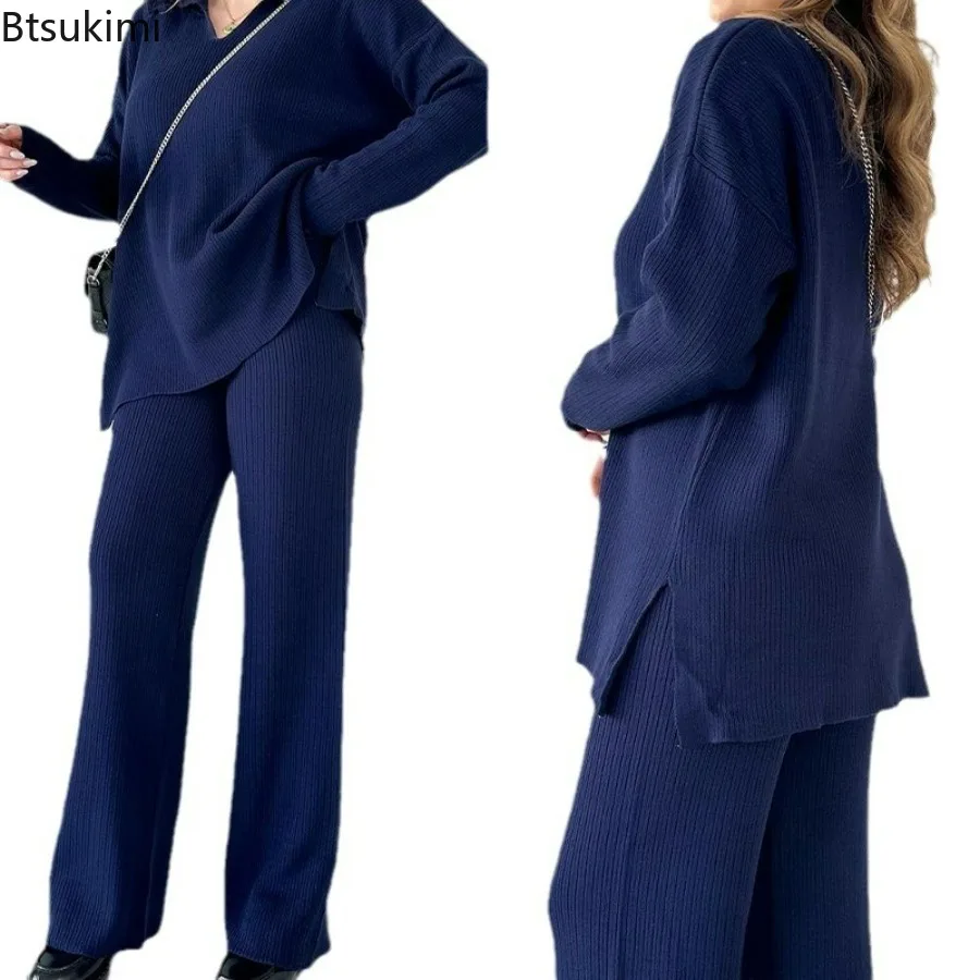 2024 Women's Knitted Pullover Suit Sets 2PCS Solid V Neck Split Loose Female Pants Set Wide Leg Pants High Waist Matching Sets