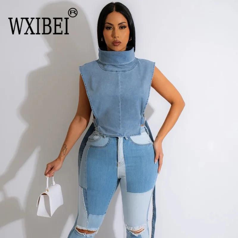 

WXIBEI Denim Sleeveless Jacket For Women 2023 Sexy Buckle Lace-up Y2K Clothes Stand Collar Cropp Top Hipster Casual Street FC909