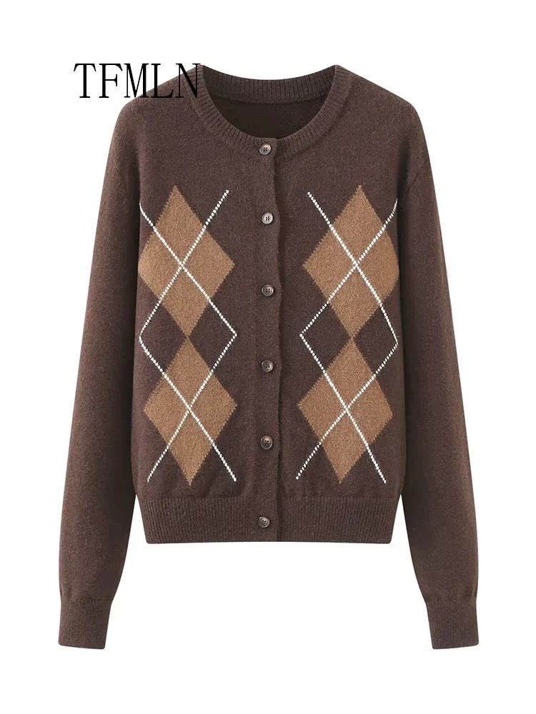 Causal Women's O-neck Cardigan Argyle Design Single Breasted Sweater Preppy Style Long Sleeve Cardigan Autumn Winter Clothes