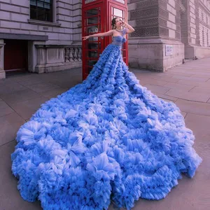 Amazing Tiered Tulle Wedding Bridal Dress for Photoshoot One Shoulder Long Train Ruffled Blue Formal Occasion Dress Photo Shoot