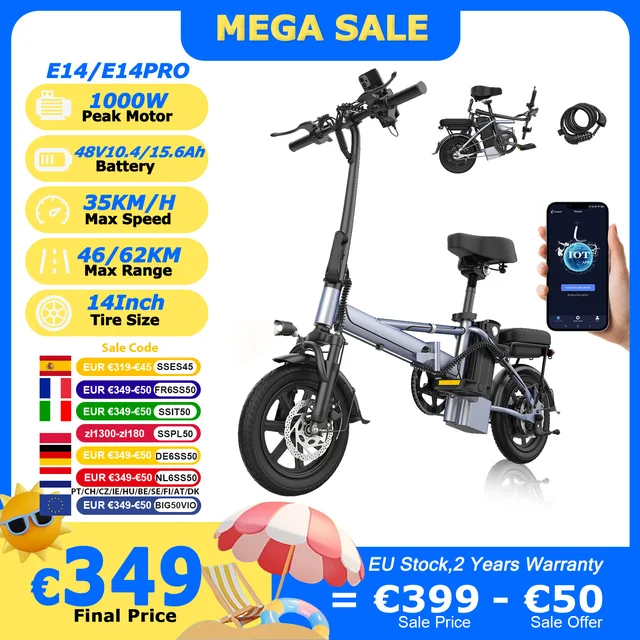 2025 nouveau vélo électrique AOVOPRO E14/E14Pro 1000W moteur de pointe 14 pouces 48V 15.6Ah 62km longue portée 35 km/h pliable avec App EBike 1