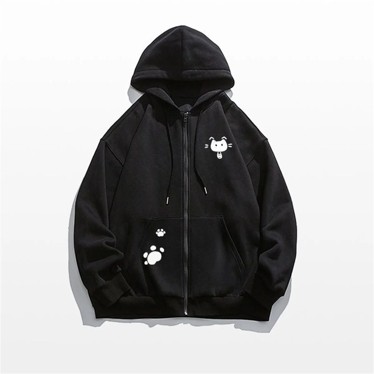Spring And Autumn Thin Collection Fashion Trends Versatile Casual Lazy Wind 2025 New Cute Girl Zipper Fun Cat Print Hooded