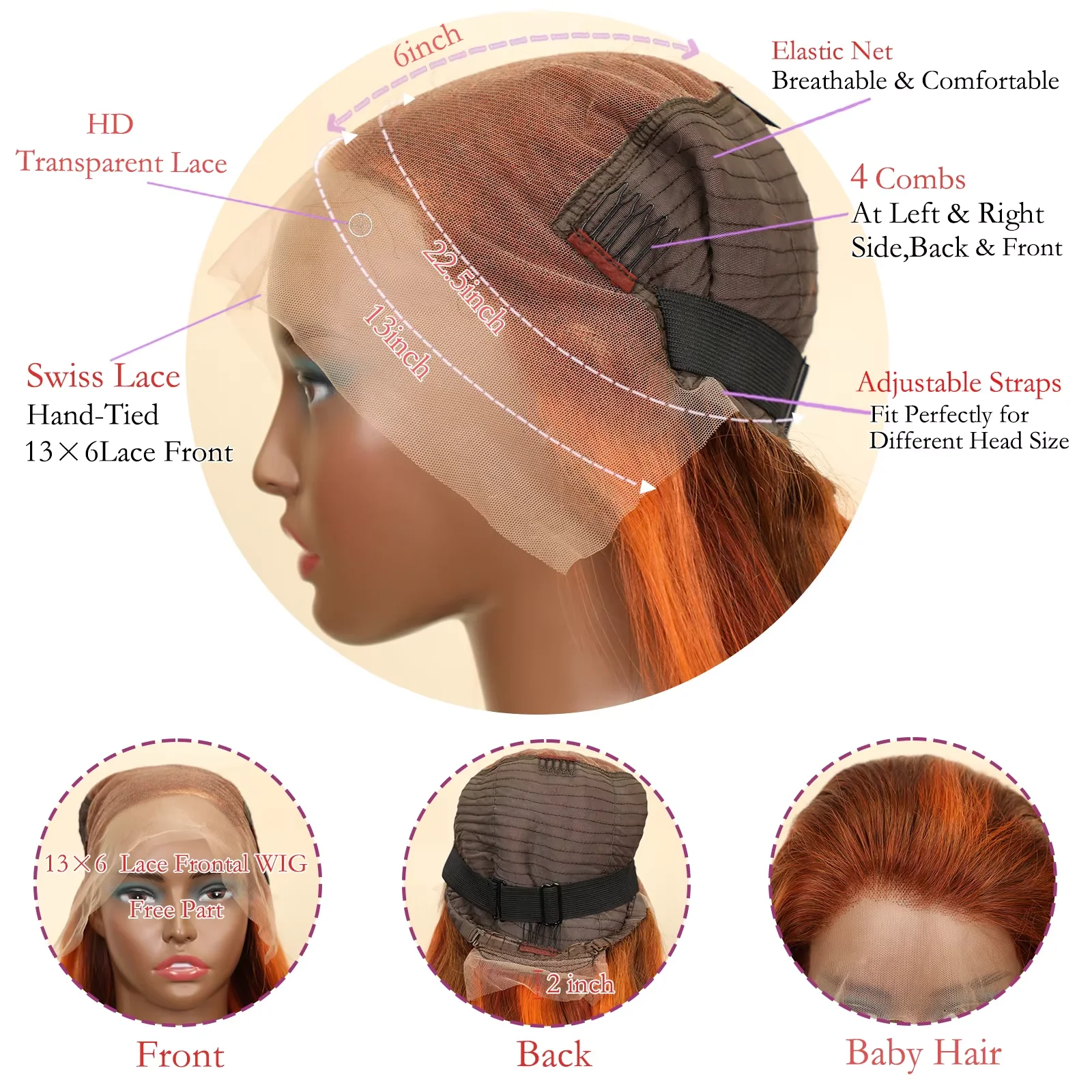 4/350 Brown Ginger Orange Color 13x6 Straight For Women Transparent Lace Front Human Hair Wigs Pre Plucked 200%Density Brazilian