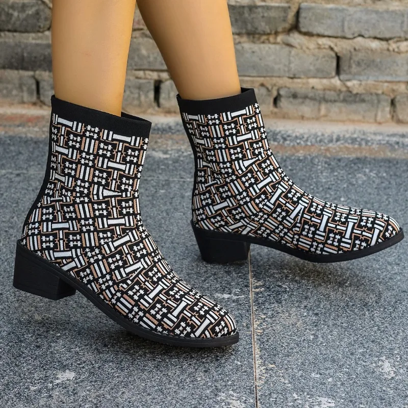 Ladies Shoes 2023 High Quality Slip on Women's Boots Autumn Round Toe Mixed Colors Short Barrel Mid Heel Large Size Naked Boots