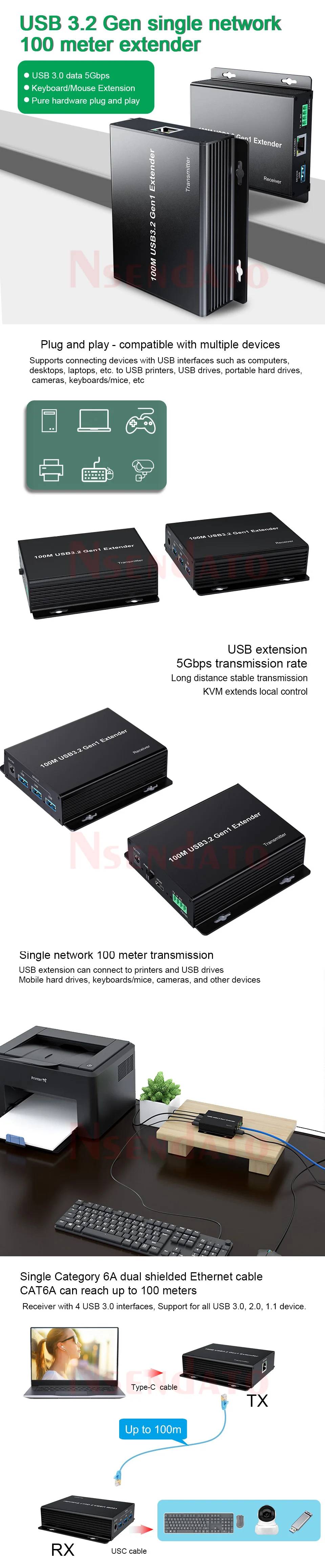 USB3.0 Extender 100M 4 Port USB 3.2 Gen 1 Extender over Rj45 Cat6 5Gbps High-Spe
