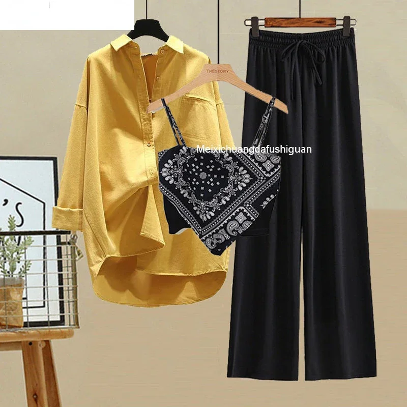 

2023 Spring and Summer Women's Suit New Western-style Sunscreen Shirt Small Sling Wide Leg Casual Pants Three-piece Set N299