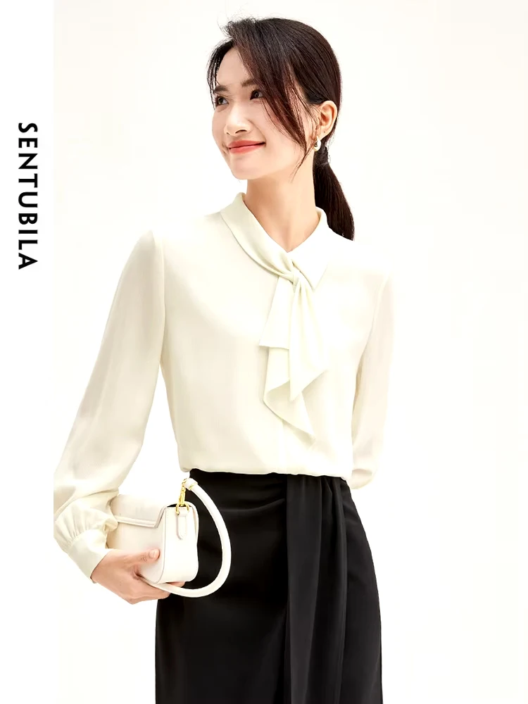 SENTUBILA Elegant Bow Neck Chiffon Blouse For Women 2024
