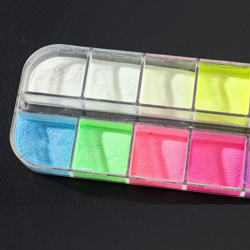 2 Box Neon-Regenbogen-Nagelpigment, das im Dunkeln leuchtet, Pulver, bunt, Phosphor, Chrom, Glitzer, Farbverlauf, Nagelkunst, Reiben, Staubdekoration – Detail 9