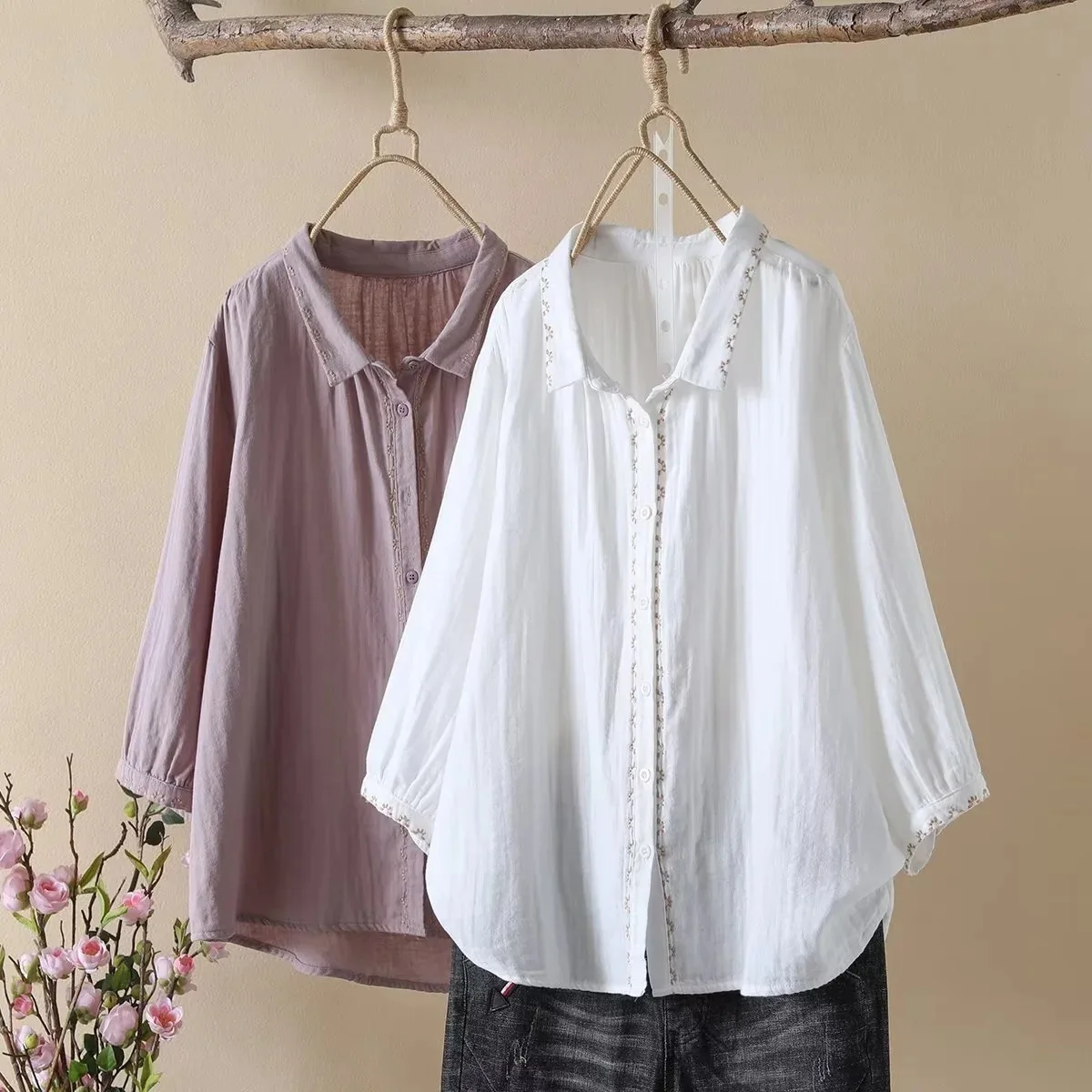 

Womens tops and blouses linen cotton women's shirts Japan style white purple solid embroider plus size women's clothing chubby