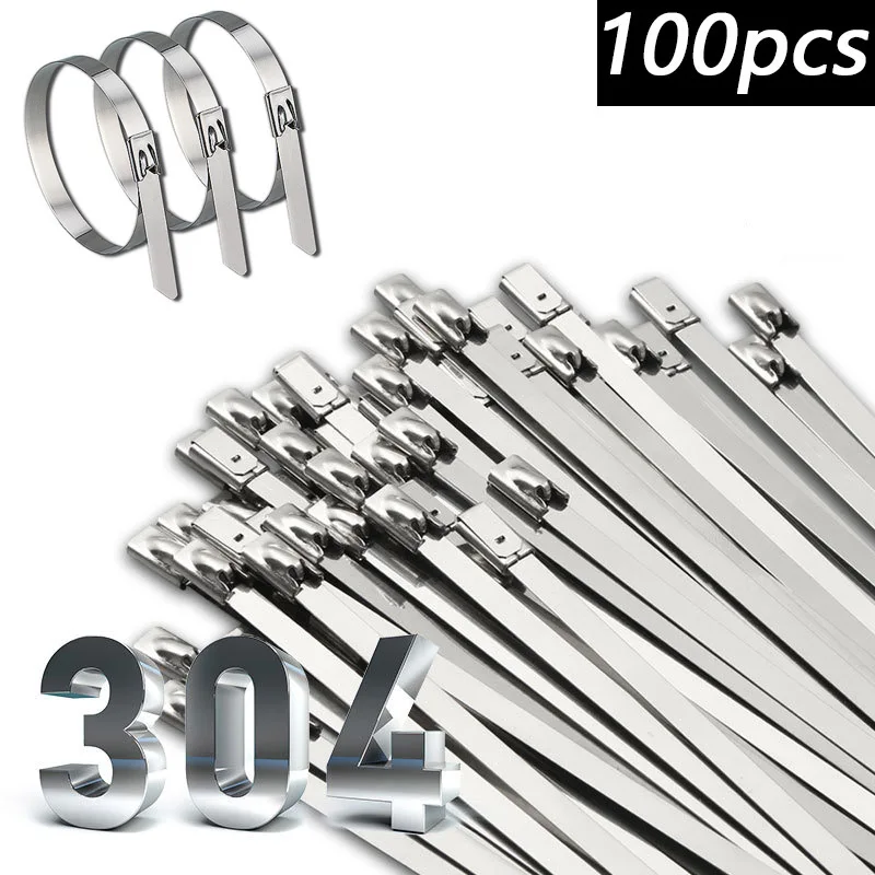 

100Pcs 304Stainless Steel Cable Ties Reusable Self-sealing Fastening Ring Cable Tie Multi-Purpose Metal Hardware Cable Organizer