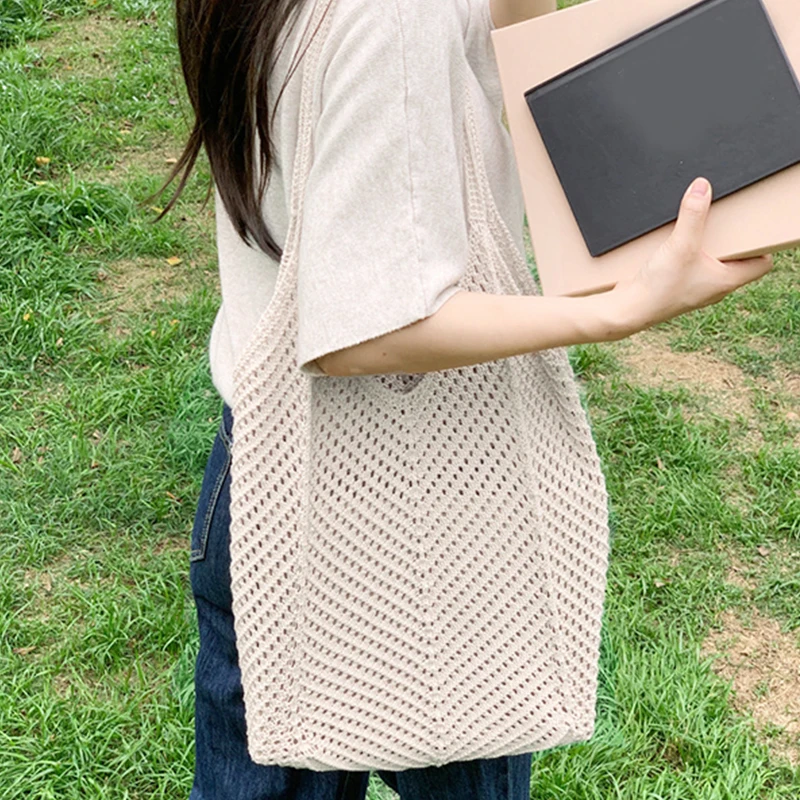 Fashion Women's Hollow Woven Shoulder Bags Large Capacity Knitting Underarm Bag Solid Crochet Tote Handbag Summer Mesh Beach Bag