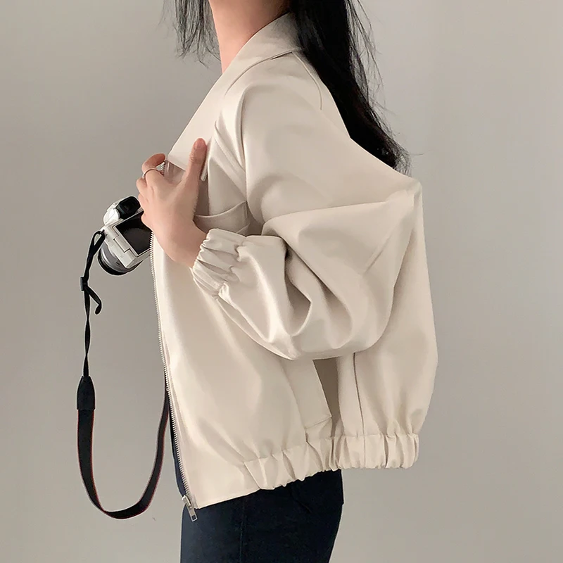 Casual Zipper Leather Jacket Women Short Fashion Simple Solid Color Loose-fit PU Leather Basic Coat Tops chaquetas de mujer