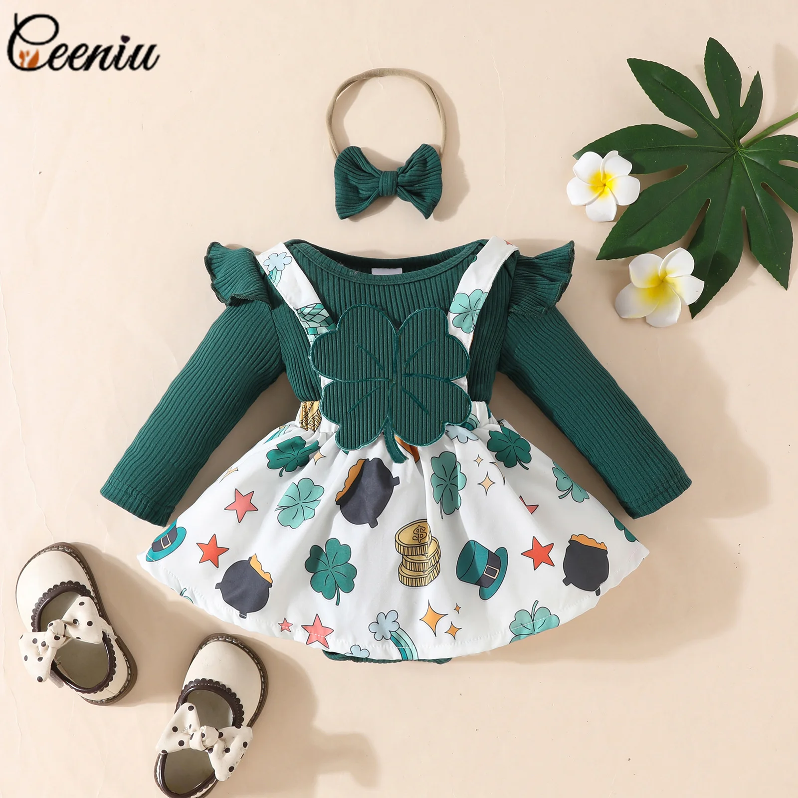 Ceeniu My First St Patricks Day Baby Costume Allover Print Romper+Green Clover Corduroy Dress For Girls Spring Baby Outfit Sets 6