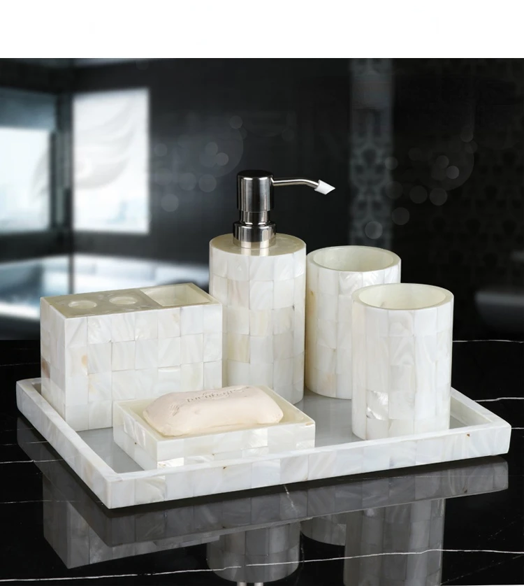 5Pcs Luxury Bathroom Accessories Set Nordic Style Toilet Brush Holder  Sanitizer Bottle Mouth Cup Shower Bottle Soap Box - White