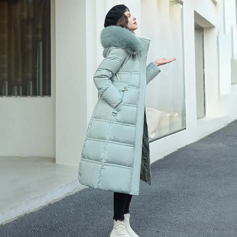 Winter Women Long Parkas Solid Colo Neck Hooded Cotton Jacket Pockets Windproof Zipper Closure Padded Outwear