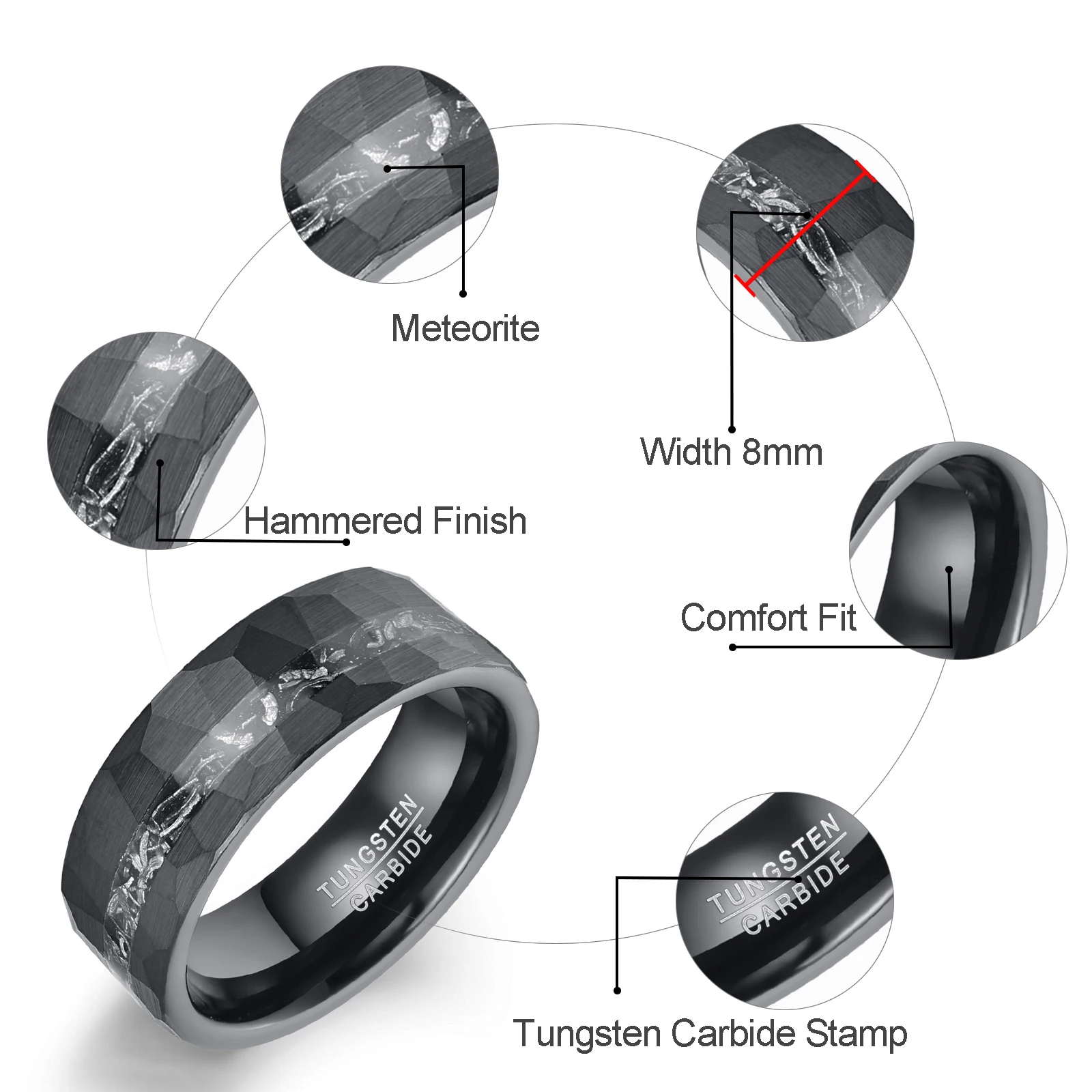 Nuncad 8mm Brushed Matte Black Hammered Meteorite Tungsten Carbide Ring for Man Jewelry 4