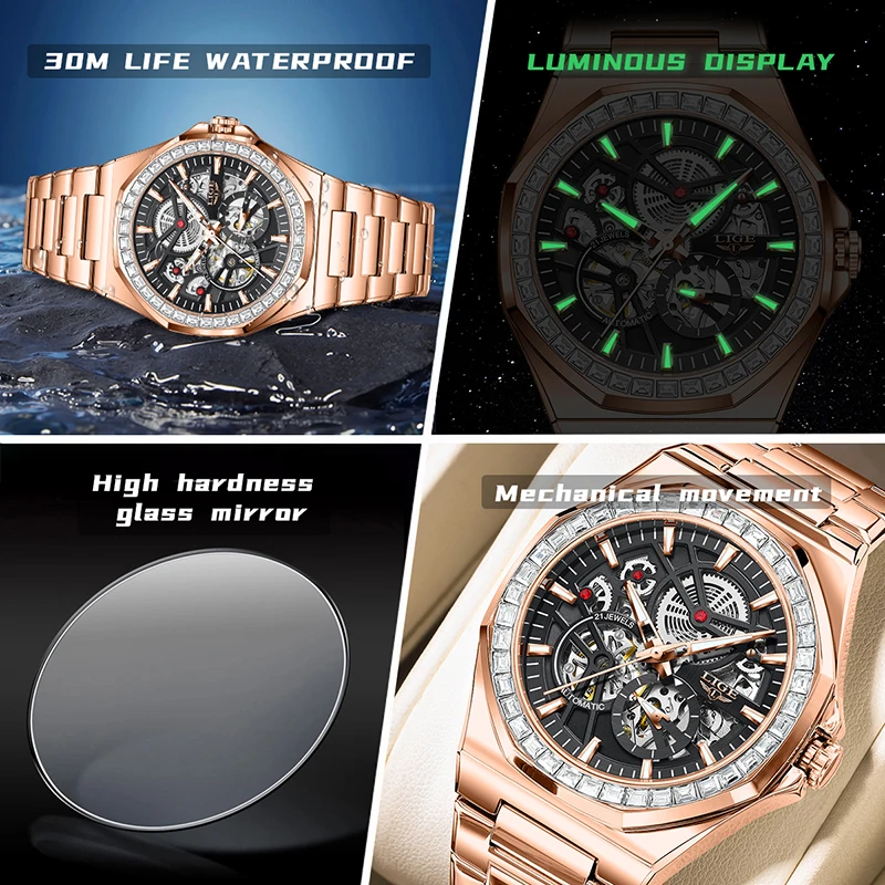 LIGE New Luxury Rose Gold Waterproof Watches For Men Casual Business Watch Men Luminous Automatic Men's Mechanical Wristwatch
