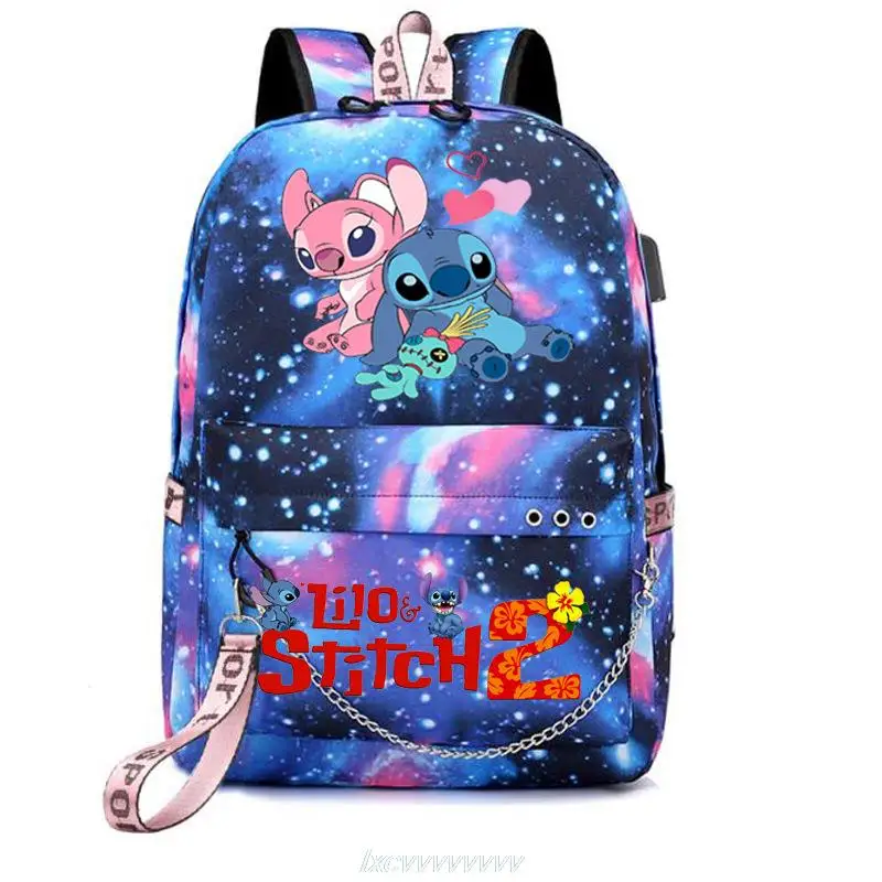 Disney Stitch Backpacks Women Men Student USB Charge Canvas Backpack Print School Bag Teenager Girls Ribbons Mochila