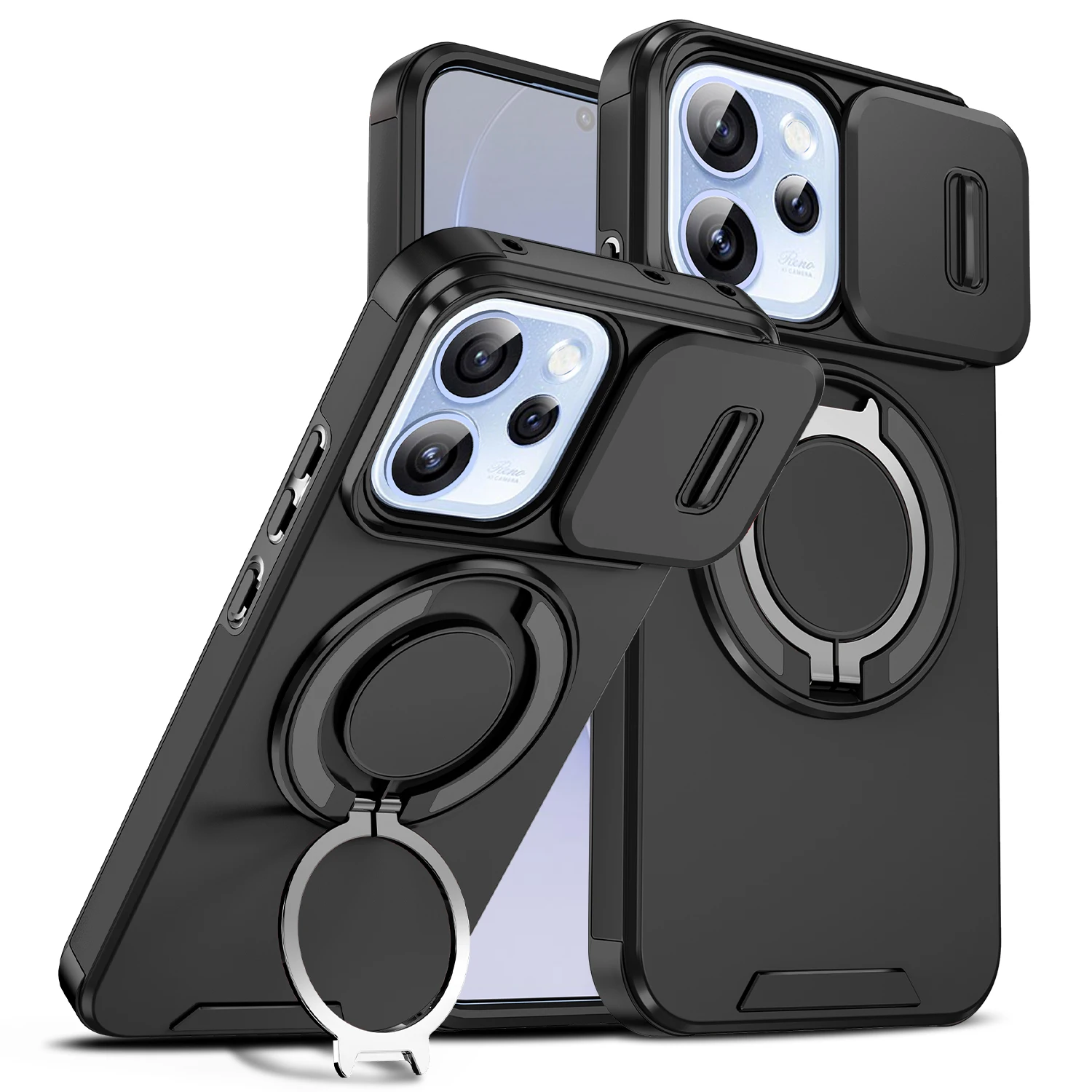Magnetic Ring Stand Phone Case with Slide Camera Lens Protection and Durable TPU Frame