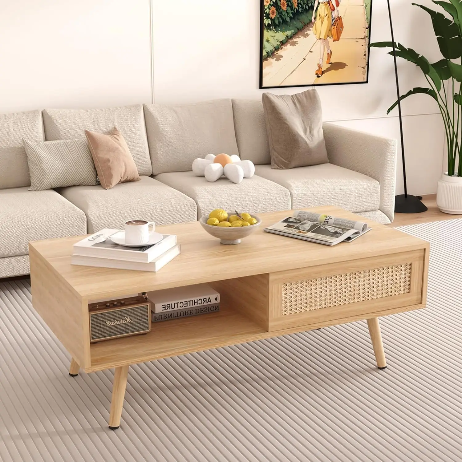 

Modern Rattan Coffee Table with Sliding Door Storage, Small Wood Coffee Table with Solid Wood Legs, Boho