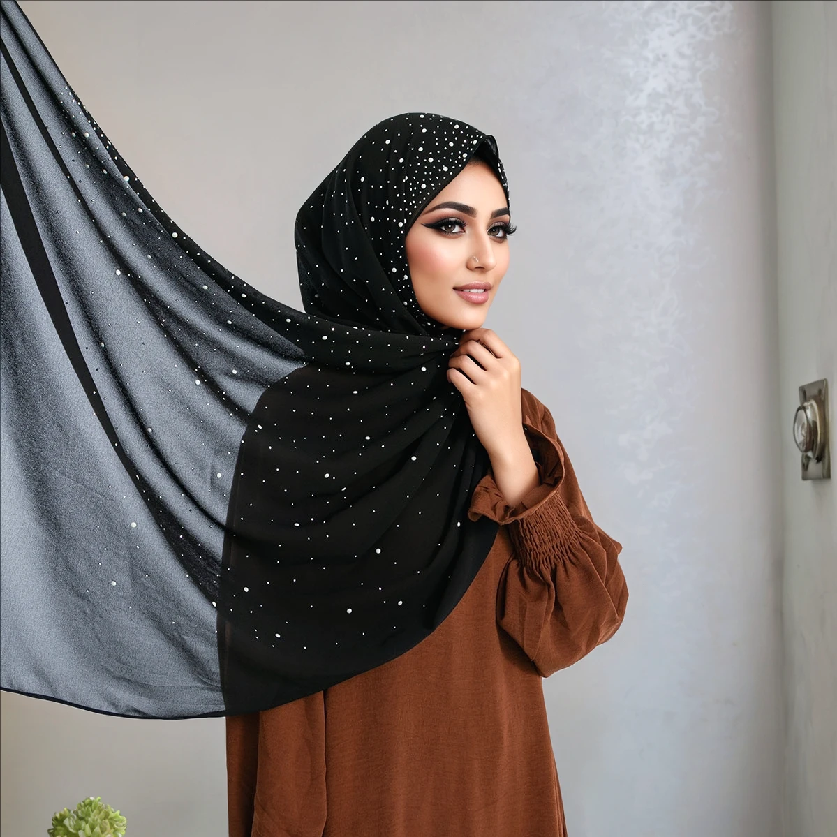 Sciarpa Hijab in chiffon a bolle da donna con borchie di diamanti