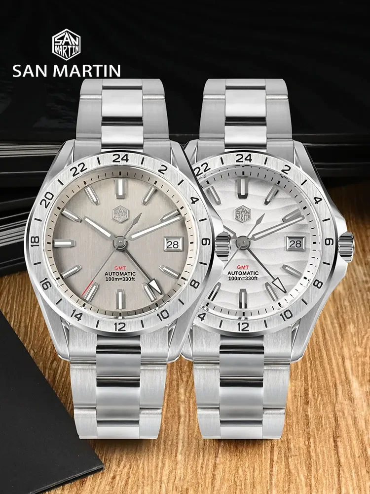 San Martin New 39mm Luxury Men's Business Dress GMT Watch NH34 Automatic Mechanical Date Windows Waterproof 100m Luminous SN0129