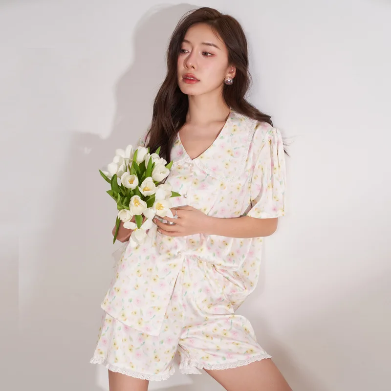 CRLAYDK 2023 Summer Flower Pamas Set for Women Short Sleeve Satin Silk Button Down Sleepwear Bride Soft Pjs Loungewear_voghion.com