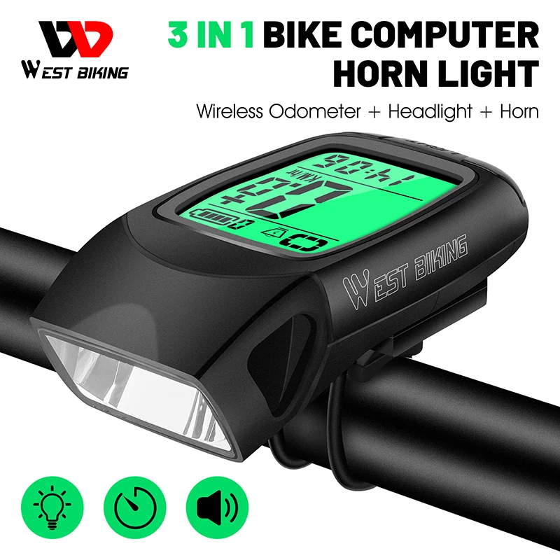 

WEST BIKING 3 в 1 беспроводной Велосипедный компьютер с клаксоном USB Перезаряжаемый фонарик водонепроницаемый велосипедный фонарик