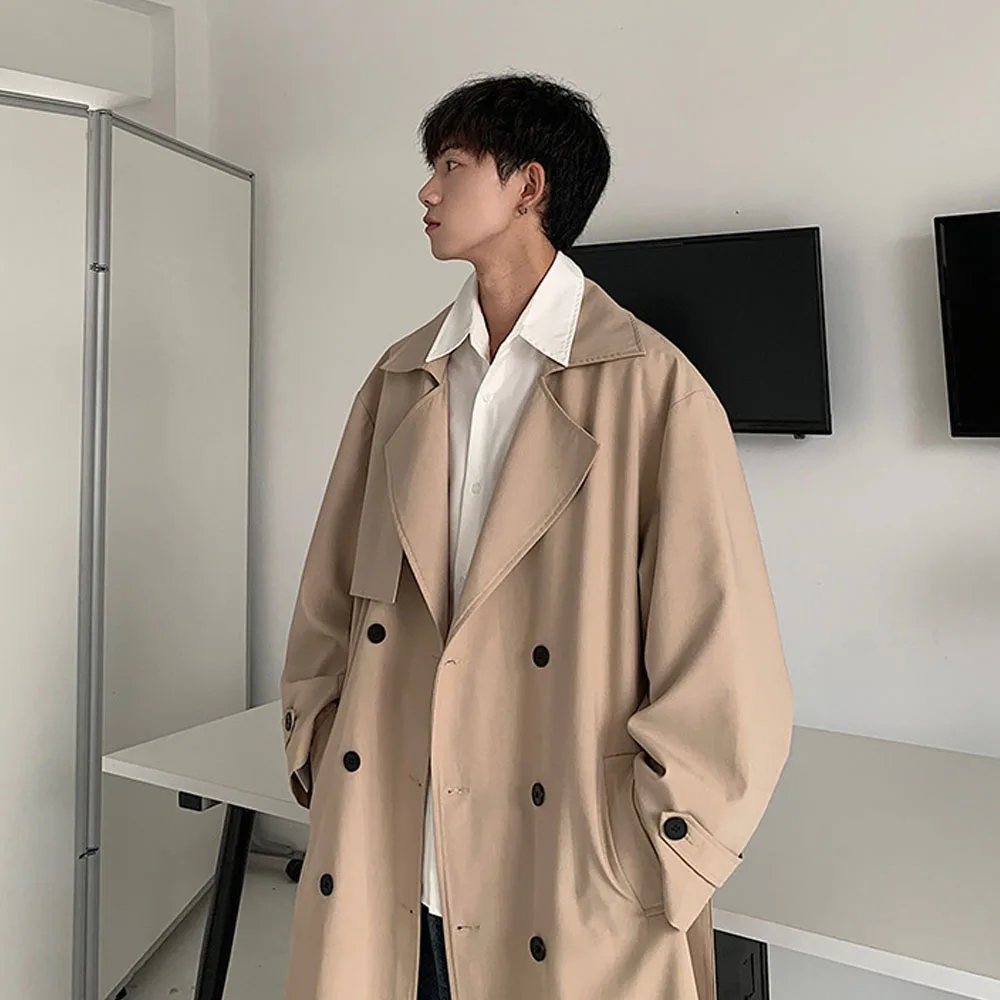 Khaki Men's Oversized Long Trench Coat Double Button Windbreaker New In Outerwears Long Jacket For Men Korean Style 2023 Male