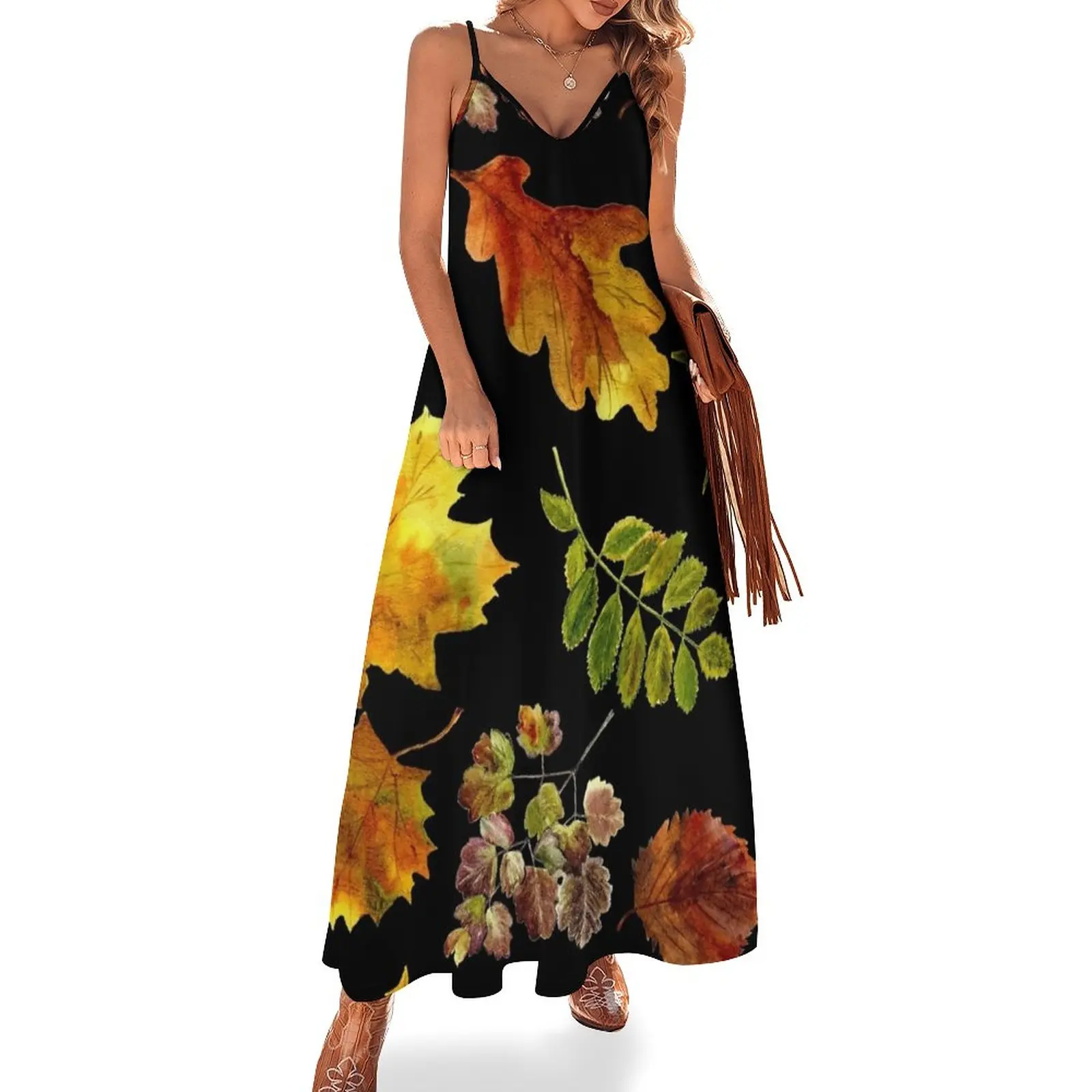 Hello autumn fall leaves pattern Sleeveless Dress Bridesmaid dress woman Long dress woman