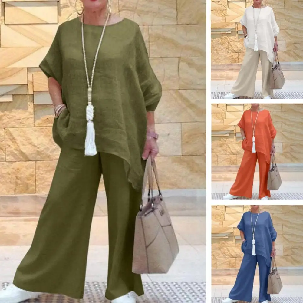 

Women T-shirt Pants Set Stylish Office Lady Outfit 2pcs Set with V-neck Long Sleeve T-shirt High Waist Wide Leg Pants Irregular