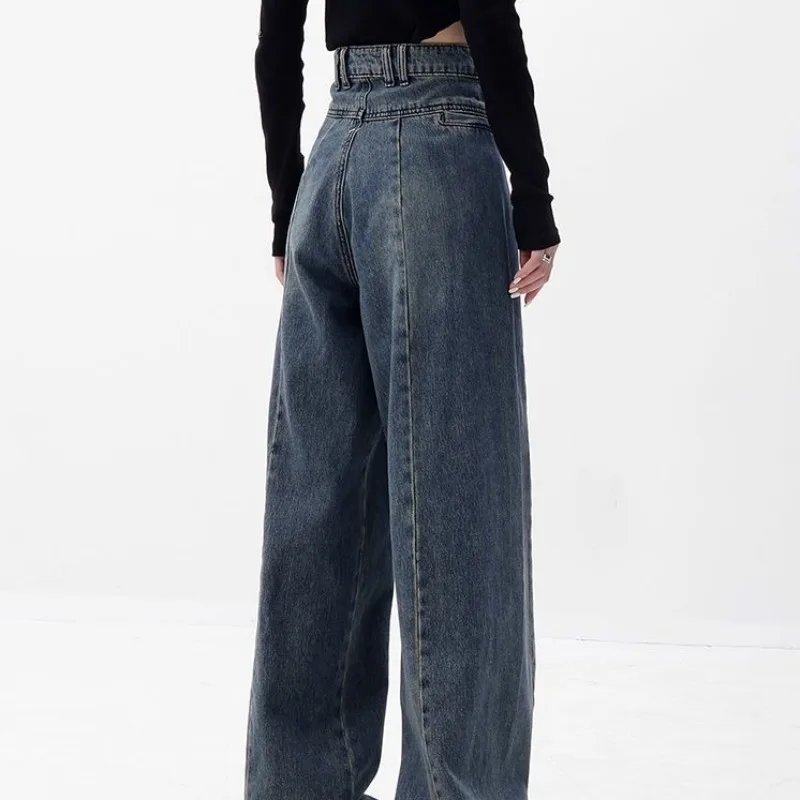 Women\'s Autumn Winter New Fashion Retro Solid Color Pockets Korean Loose Fitting High Waisted Straight Leg Wide Leg Pants