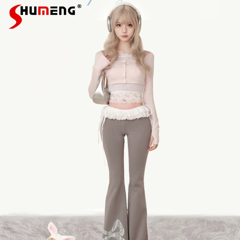 2024 Spring Summer New Japanese Style Sweet Cute Top Sling Gray Trousers Women's Clothing Slim Fit Long Pants Short Camisoles 2023 spring autumn sweater halter sling cargo pants 1 or 3 piece set women casaul multi stripe knit tops vest trousers outfits