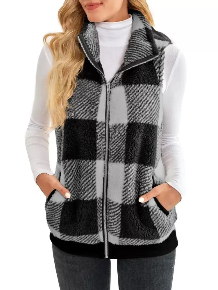 Autumn Winter Plaid Fleece Hoodie Vest Women's Cardigan Fashion Stand Collar Simple Casual Pocket Sleeveless Female Office Coat 4