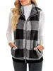 Autumn Winter Plaid Fleece Hoodie Vest Women's Cardigan Fashion Stand Collar Simple Casual Pocket Sleeveless Female Office Coat 4