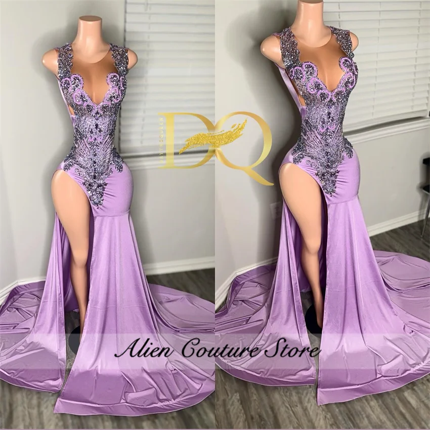 Exquisite Lavender Purple Long Mermaid Prom Dresses Glitter Beading Crystals Birthday Party Gown Diamonds Vestidos Customized