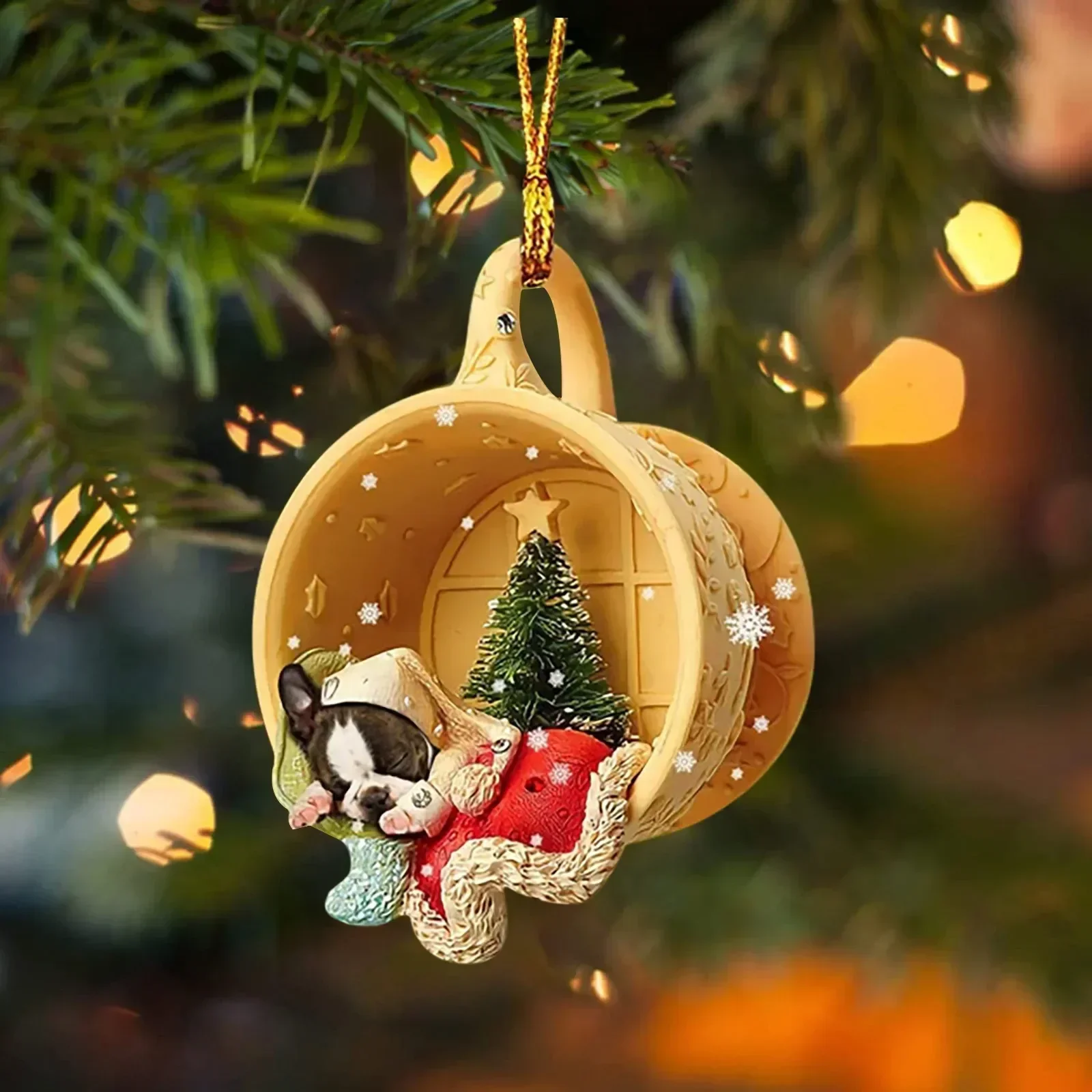 thumbnail image 1 of Creative Christmas Tree Pendants Decorations Cute Sleeping Dog in A Scene-sleeping in Cup Hanging Pendants New Year Navidad 2D, 1 of 5