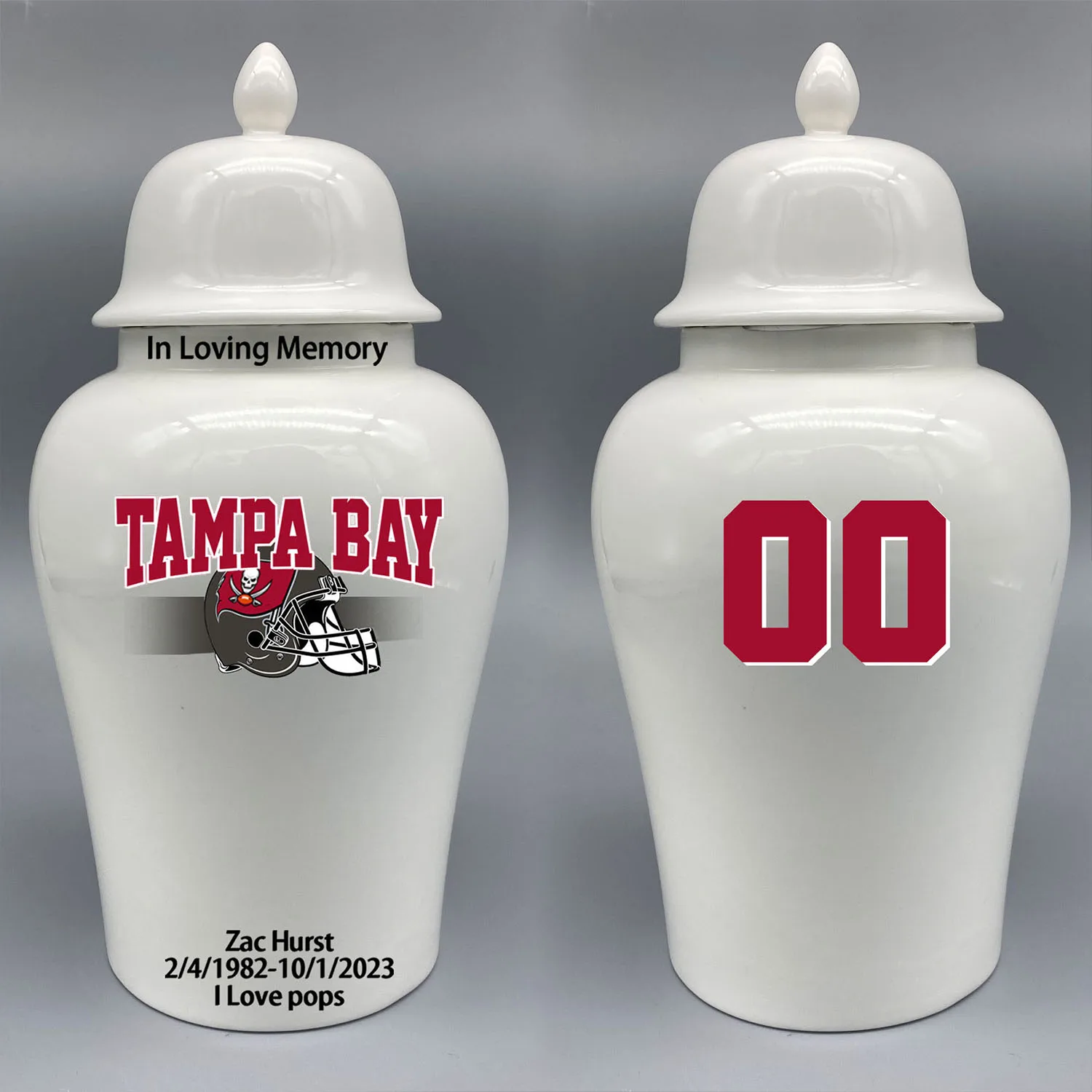 

Large Urn for Tampa Bay Buccaneers-themed Logo Urn.Please send me the customize information-name/date and number on the urn