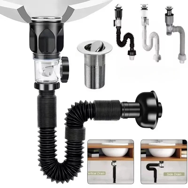 Flip Top Anti-Odor Drain Pipe Set Kitchen Sink Drain Retractable Deodorizing Filter Flexible Downspout Bathroom Anti Clogging drain pipe set