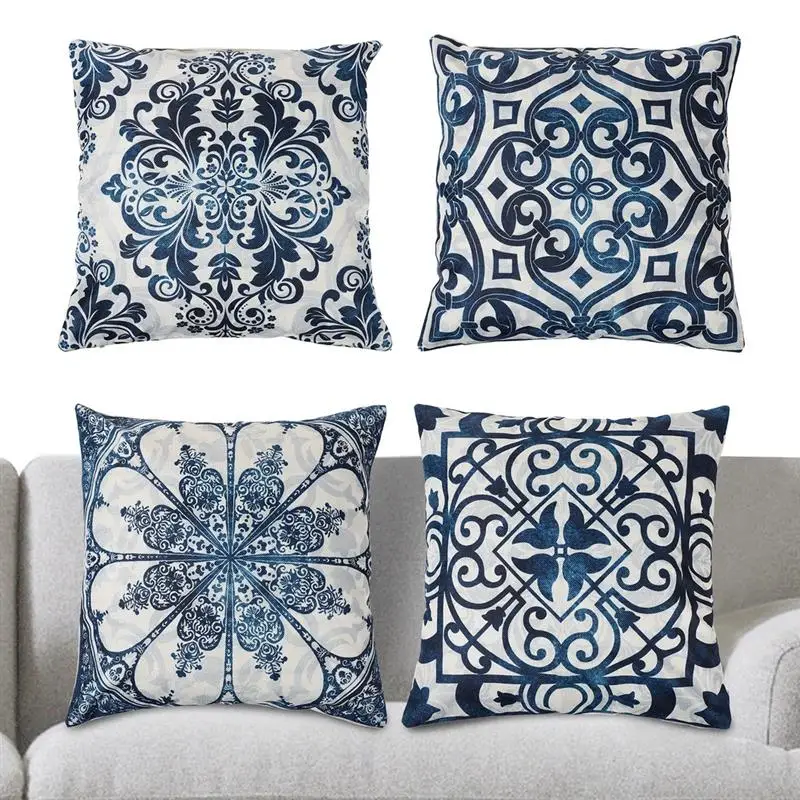 

4PCS Chinoiserie Pillow Covers Blue And White Porcelain Pillow Covers Linen Blue Throw Pillow Cover Decorative Pillow Case